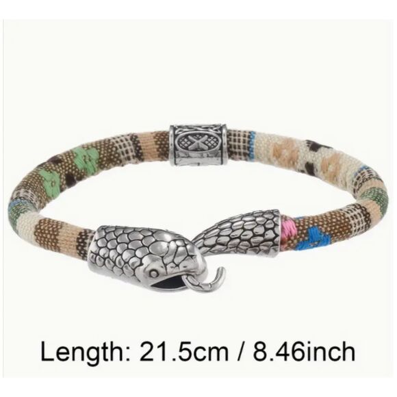 Men's Blue Striped Metal Snake Bracelet Hook Closure - Picture 3 of 6